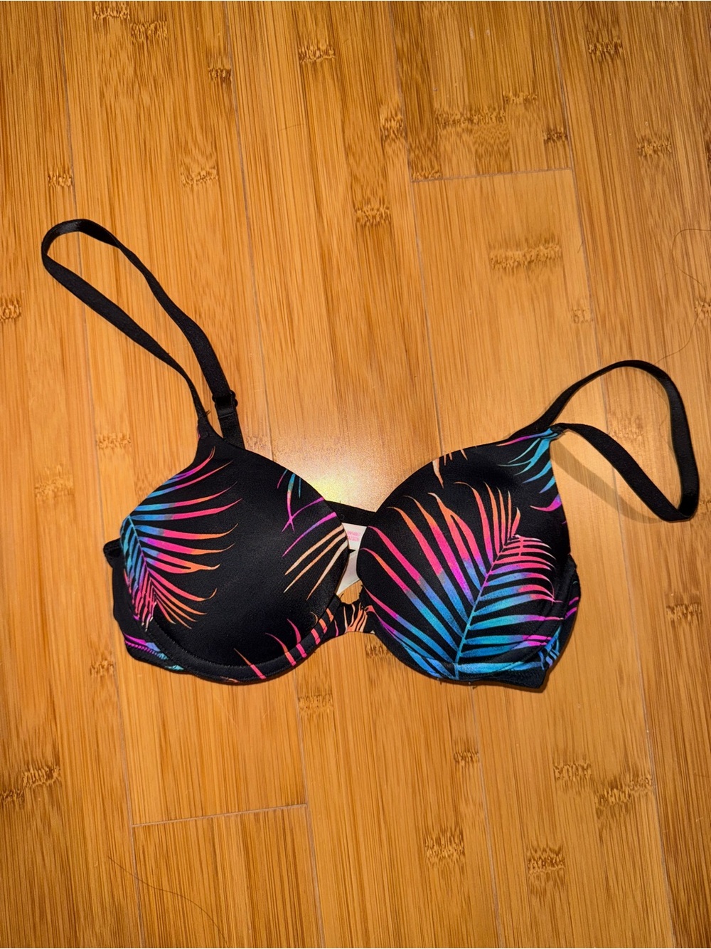 PINK Victoria's Secret Black Bra with Neon Tropical Palm Print